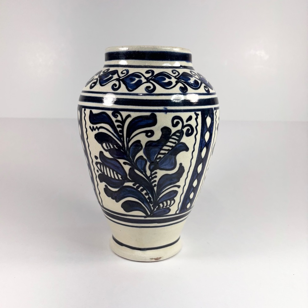 Korond pottery Vase Folk Art Blue On White Hungarian Pottery‎ 8” Tall